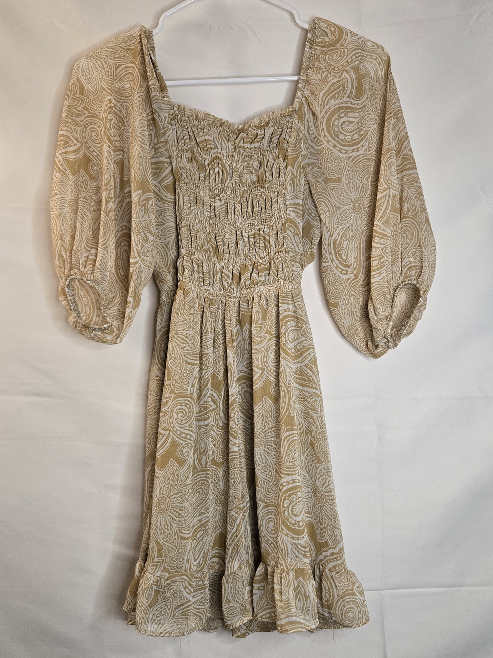 Sienna Sky Mustard paisley smocked mini puff sleeves boho western XS square neck - Picture 6 of 12